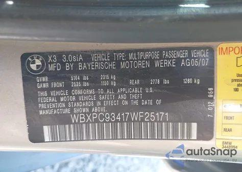 2007 BMW X3 3.0Si z USA, uszkodzony, nr VIN WBXPC93417WF25171